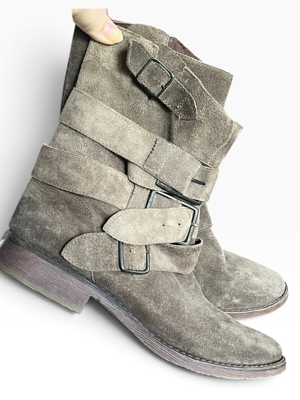 Taupe Grey Beige Suede Multi Buckle Boots Y2K Boho Moto Western Slouch Grunge